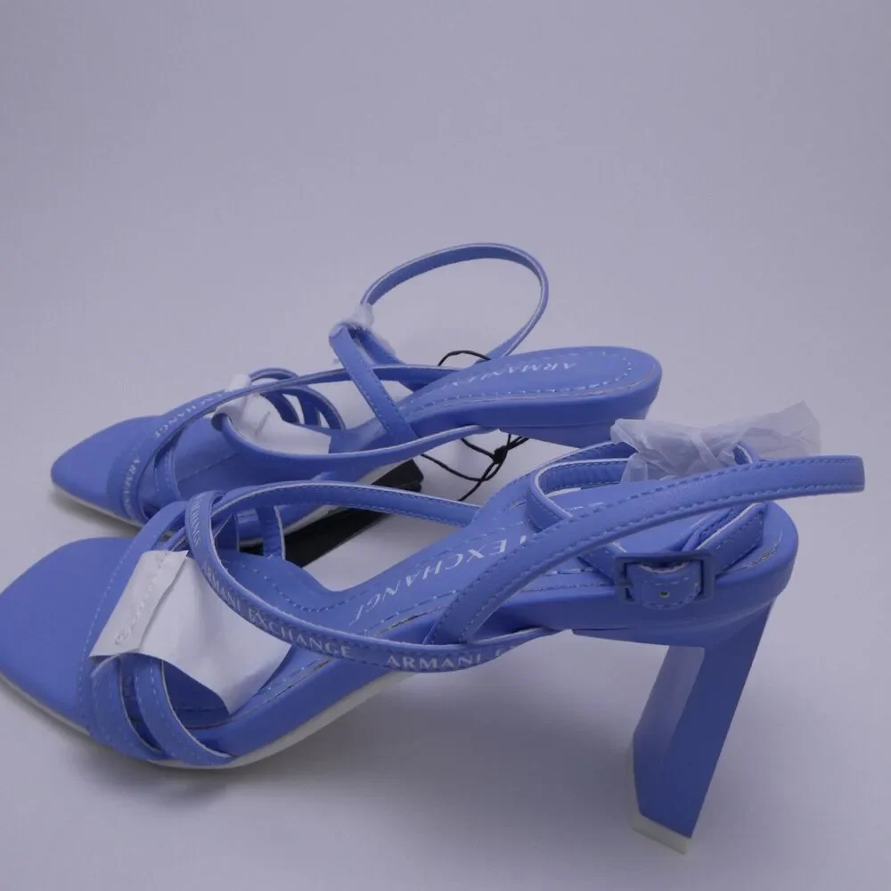 Armani Exchange Women's 6 Light Blue Leather Strappy Sandals Buckle Heel Square